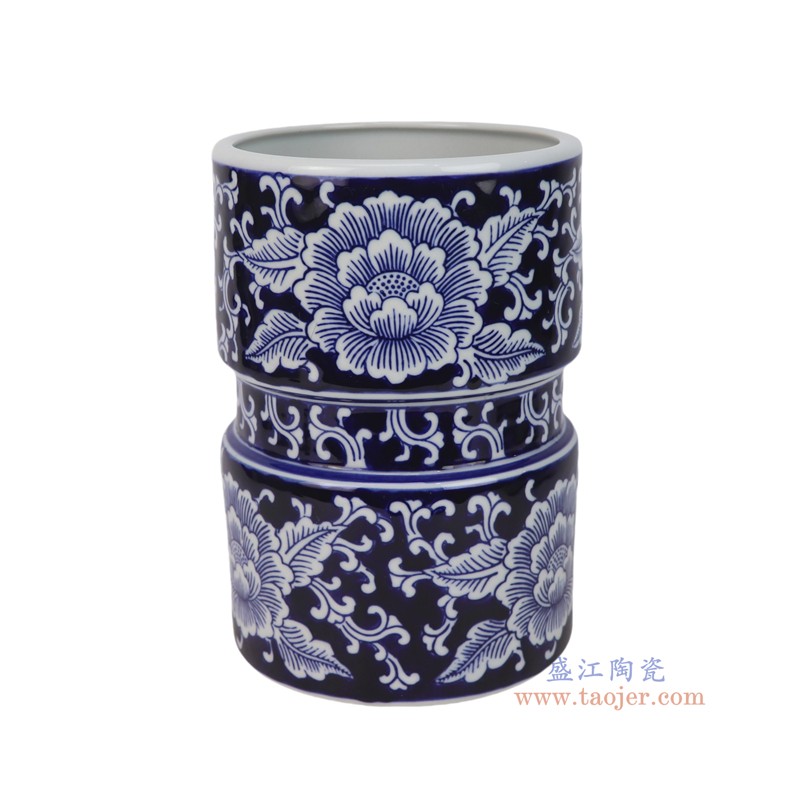 RXCD49-A蓝底青花牡丹纹笔筒花菇瓶