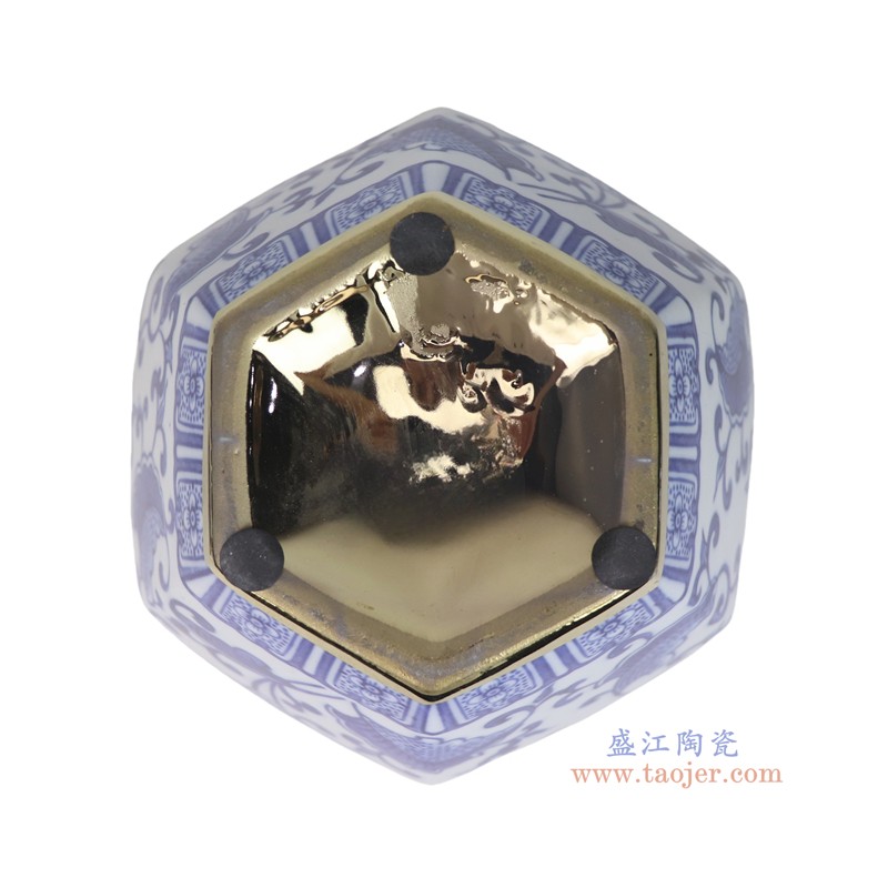RXCD12-B-s青花花叶纹镀金六方将军罐 