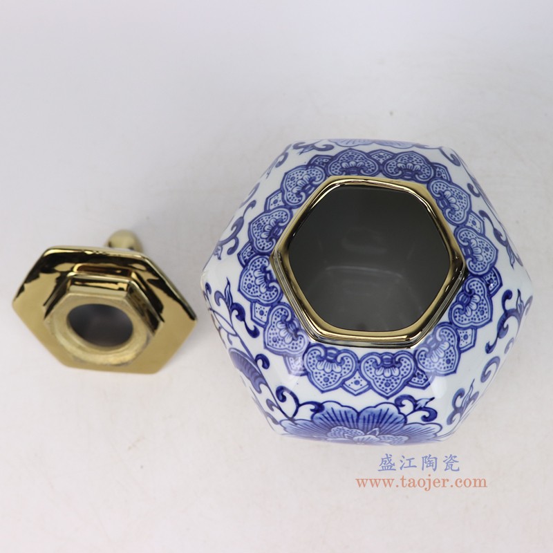 RXCD12-B-s青花花叶纹镀金六方将军罐 