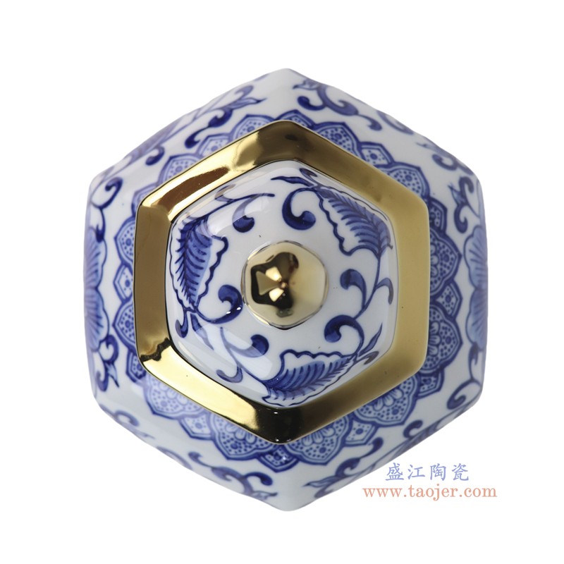 RXCD12-B-s青花花叶纹镀金六方将军罐 
