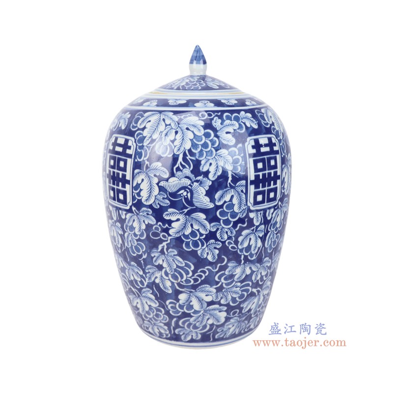RZSI32-G青花喜字葡萄纹冬瓜罐 
