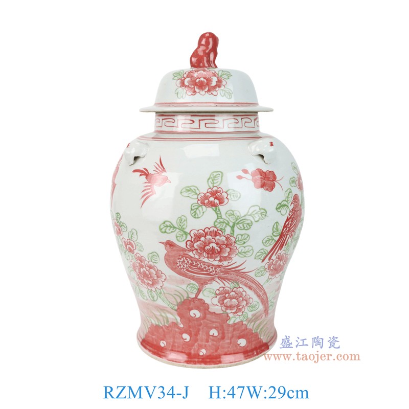 RZMV34-J红绿斗彩花鸟狮子头将军罐 