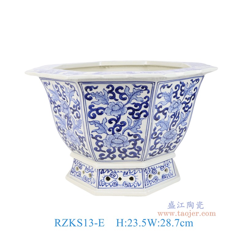 RZKS13-E青花开窗缠枝花卉纹八角花盆