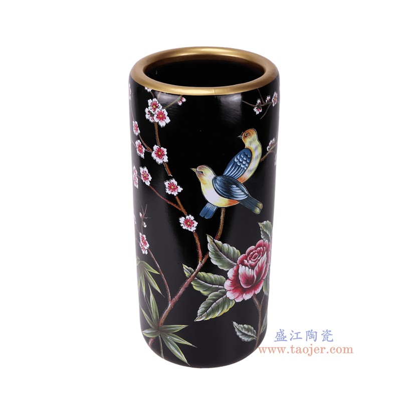 RYYL19-A黑底彩绘花鸟直筒箭筒伞筒