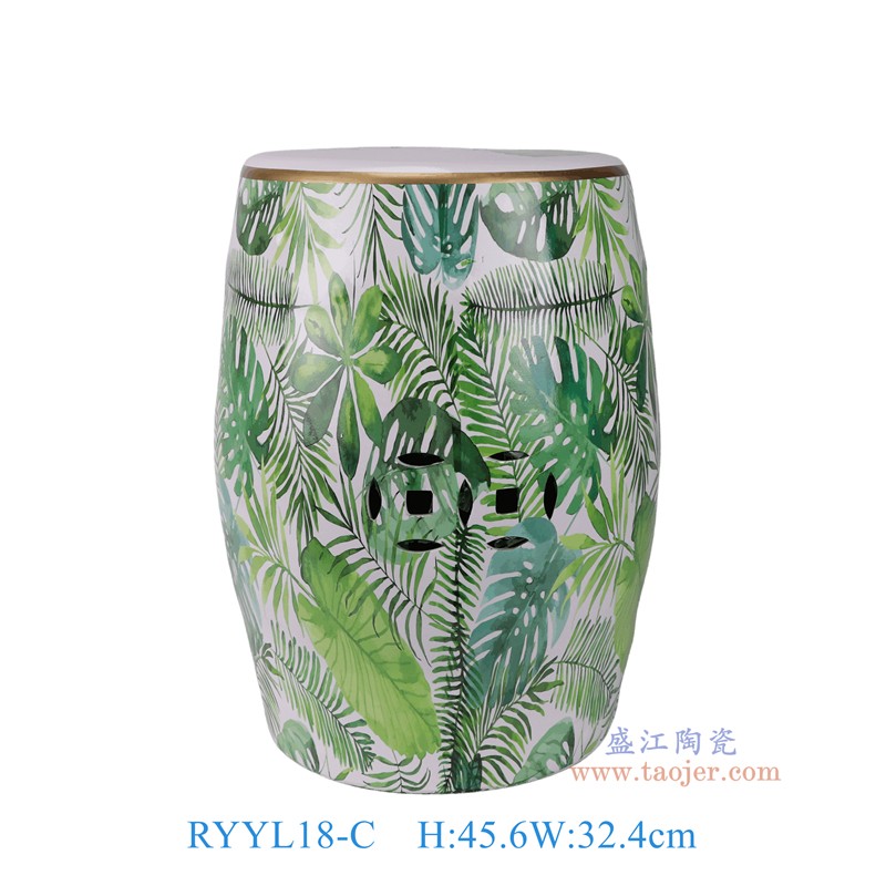 RYYL18-C粉彩绿色树叶纹鼓凳凉墩