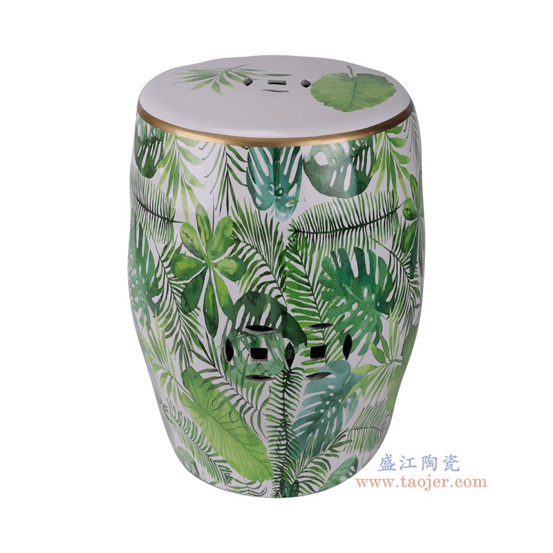 RYYL18-C粉彩绿色树叶纹鼓凳凉墩