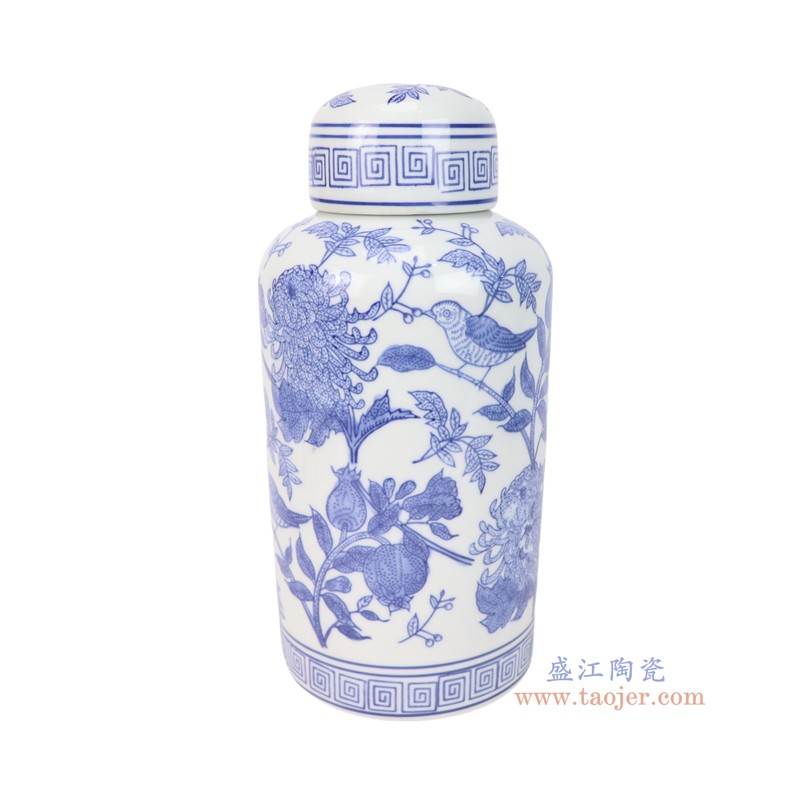 RXCF25-A青花花鸟直筒茶叶罐盖罐