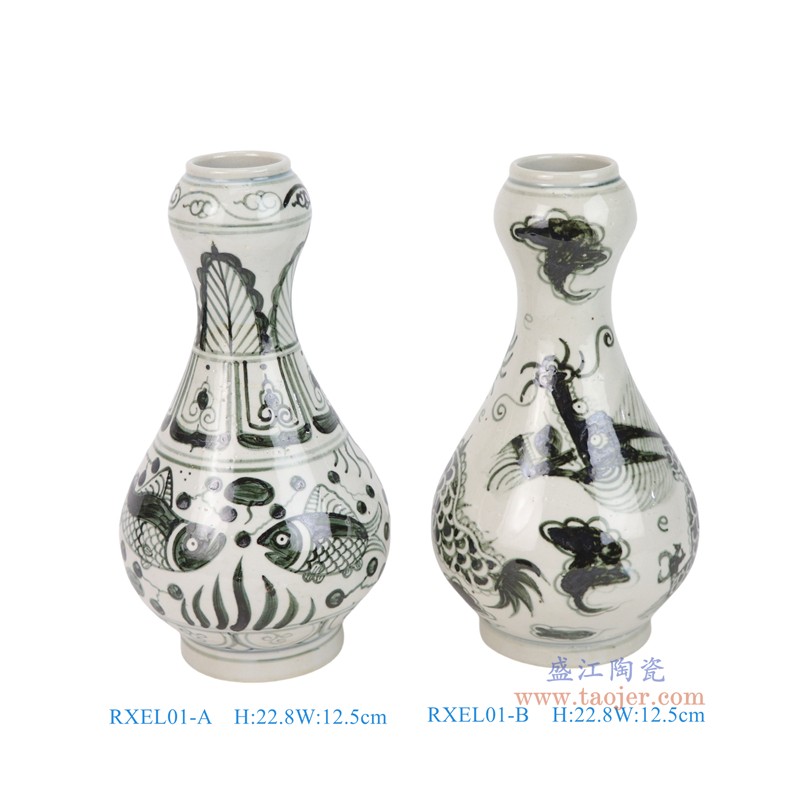 RXEL01-A-B-ZUHE 青花龙纹鱼藻纹蒜头瓶组合 