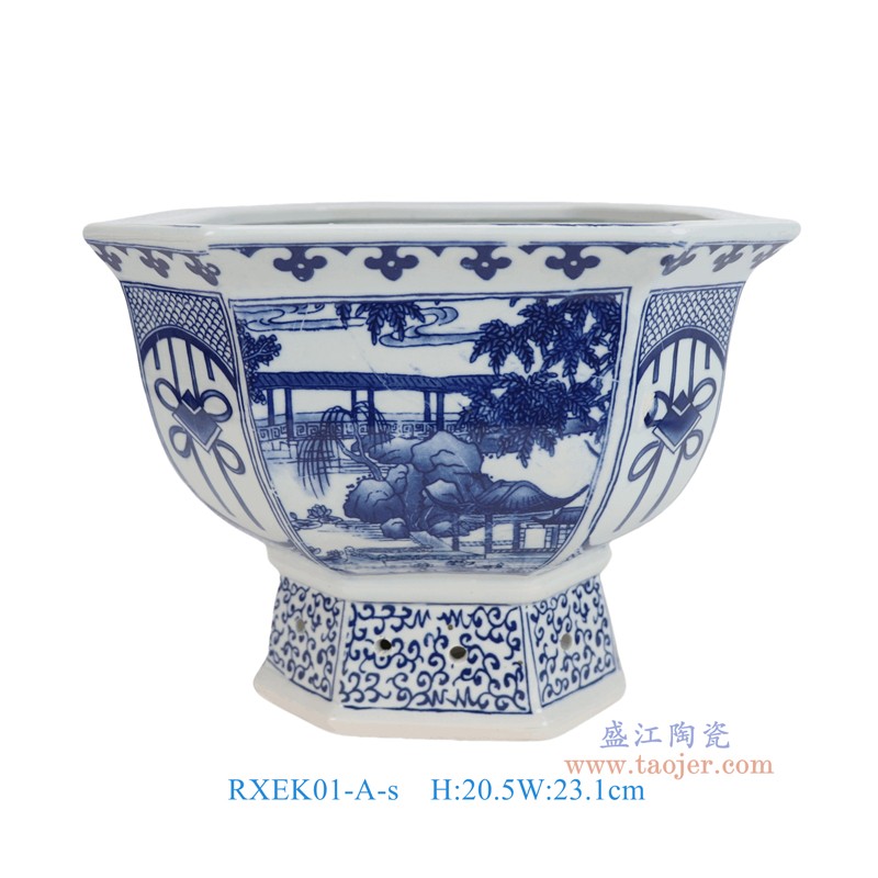 RXEK01青花开窗山水八角花盆