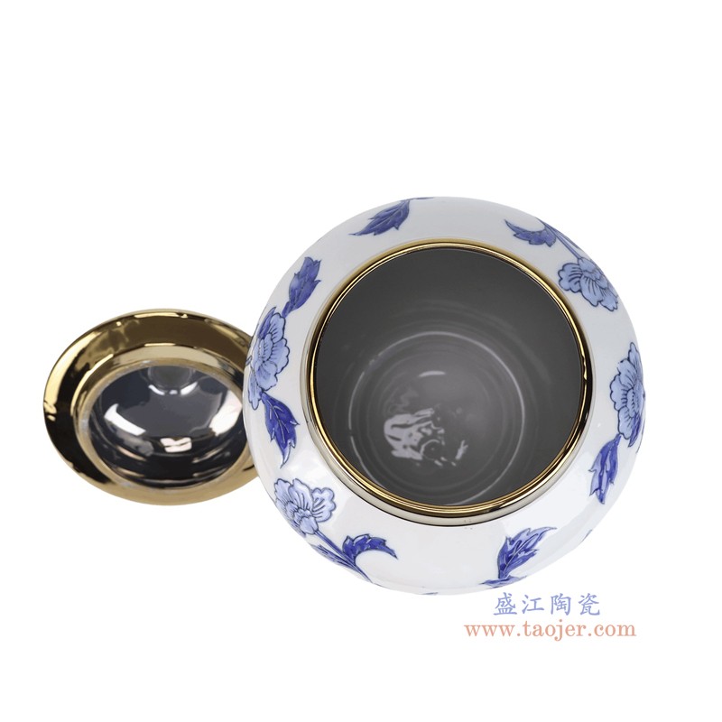 RXCD38-A-L-S-ZUHE青花牡丹花纹镀金将军罐