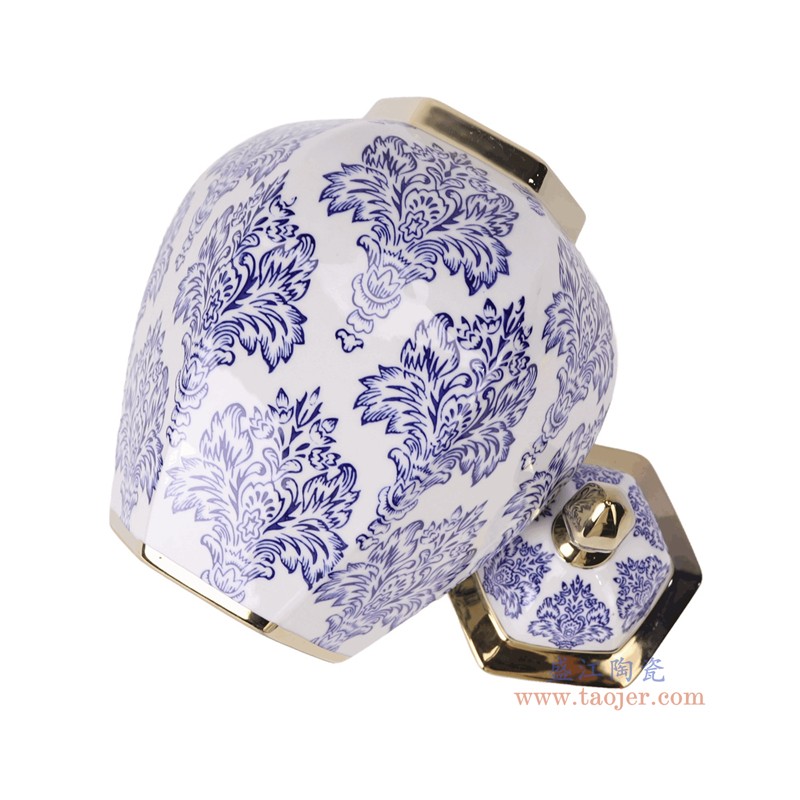 RXCD07-B-M青花花卉纹镀金六角将军罐中号