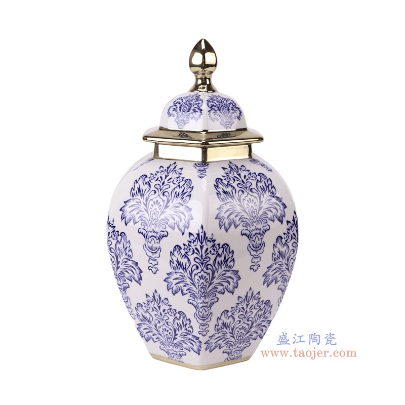 RXCD07-B-M青花花卉纹镀金六角将军罐中号