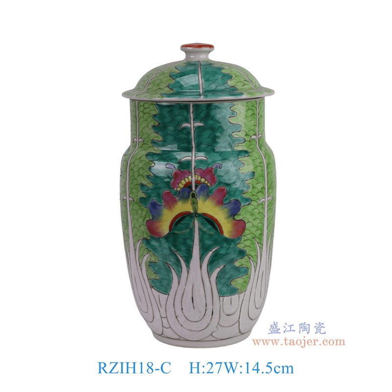 粉彩绿色白菜蝴蝶纹帽筒盖罐