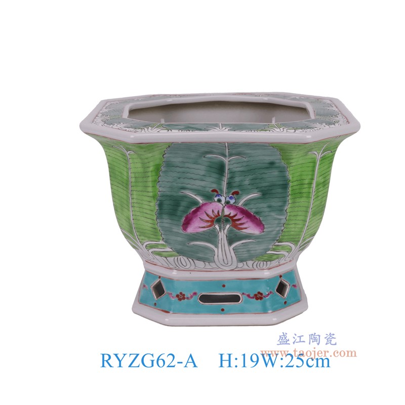 RYZG62-A 粉彩绿色白菜蝴蝶纹八角花盆
