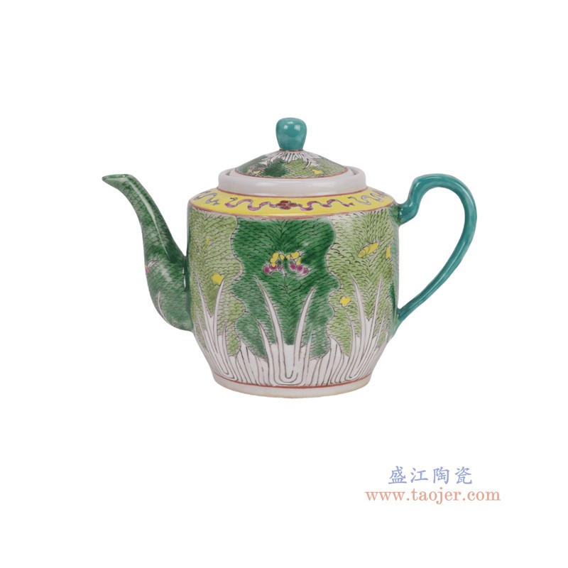 RYZG53-A粉彩绿色白菜茶壶茶杯6件套