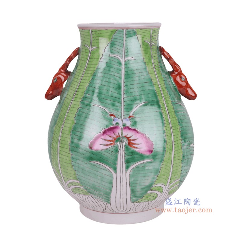 RYZG20-D 粉彩绿色白菜纹鹿耳樽福桶