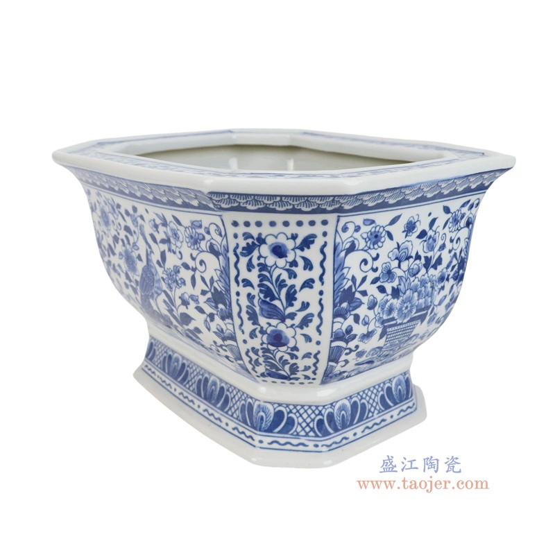 RZSI68-B青花花鸟孔雀纹长方八角花盆