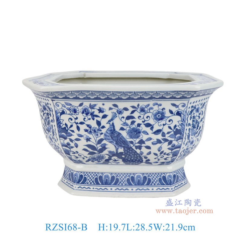 RZSI68-B青花花鸟孔雀纹长方八角花盆