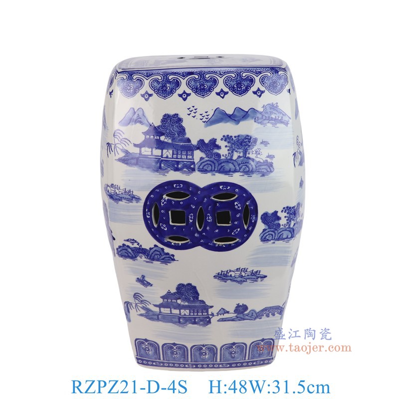 RZPZ21-D-4S青花山水铜钱孔四方凳子