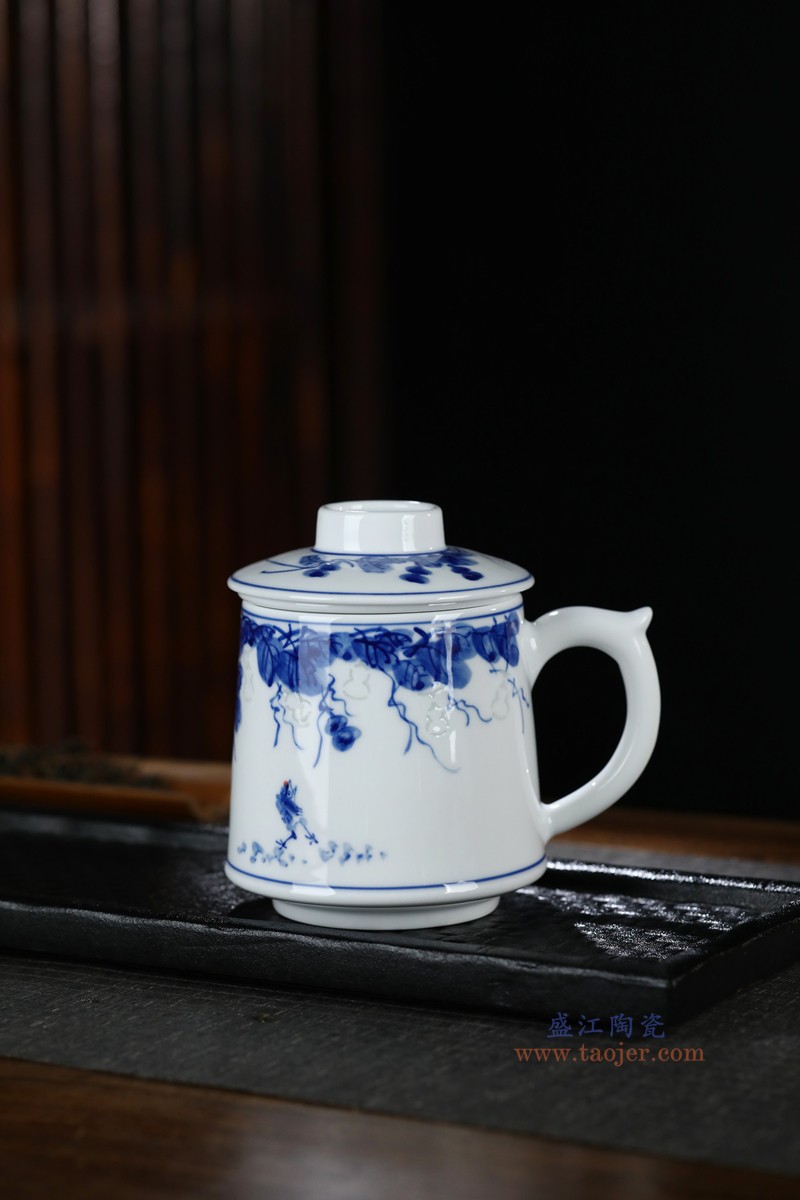 RXEG02-B 青花葫芦小鸡纹带茶漏玲珑杯子百川杯