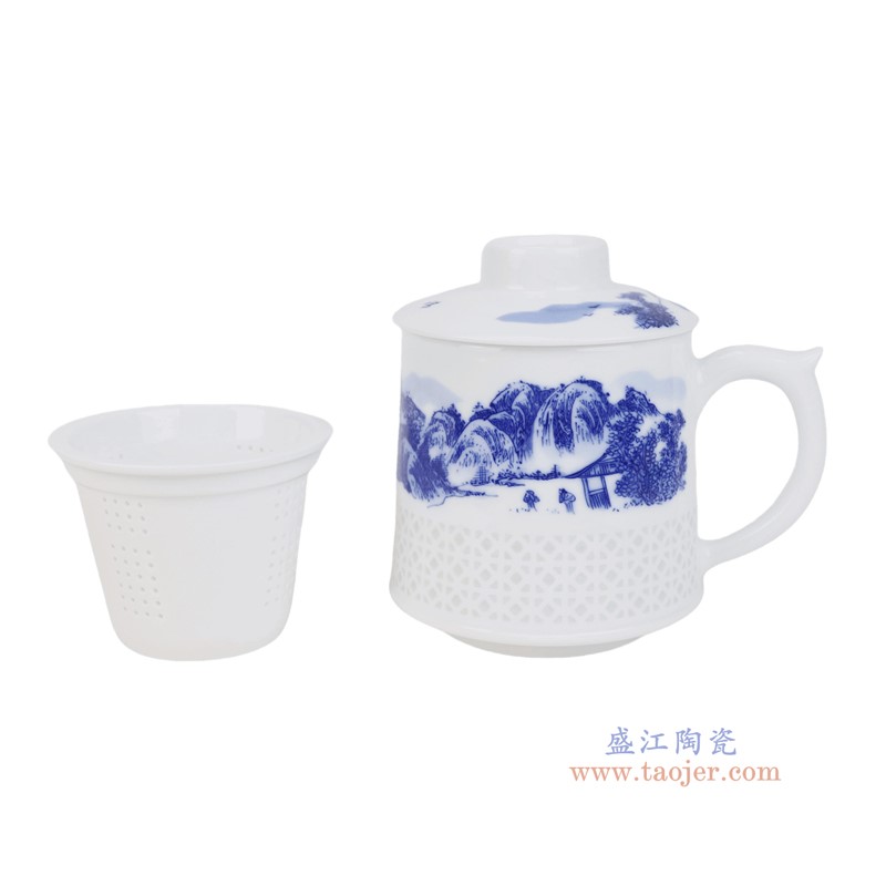 RXEG02-A 青花山水带茶漏玲珑杯子百川杯