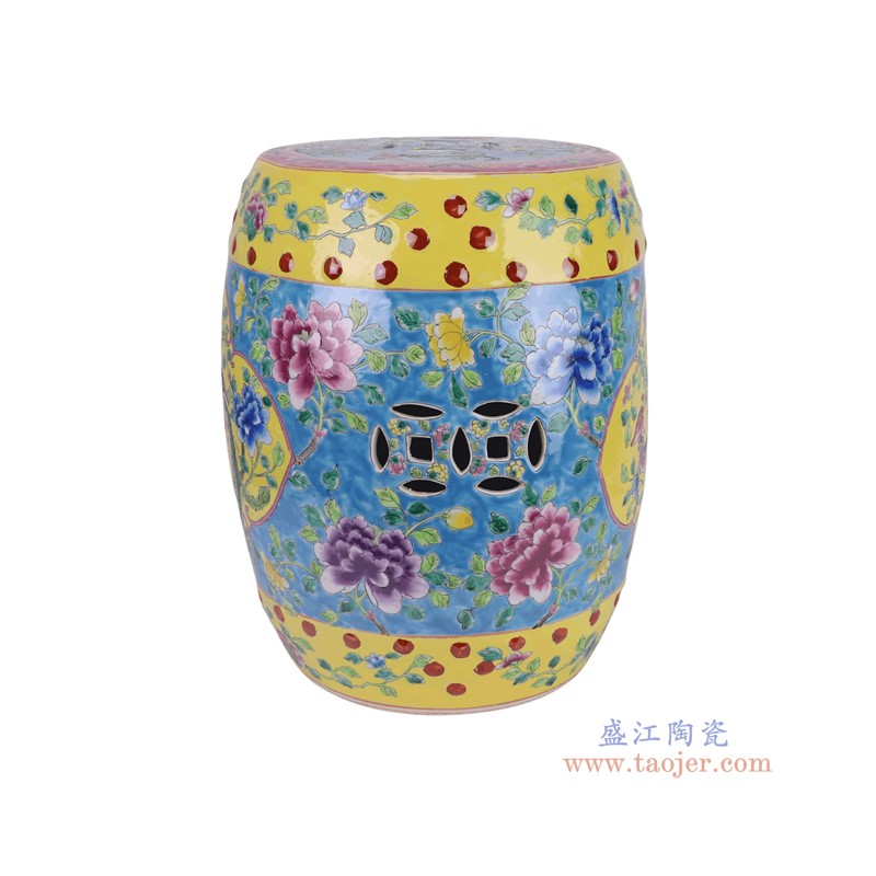 RZFA43-B 粉彩蓝底开窗凤凰牡丹纹娘惹瓷鼓凳凉墩 
