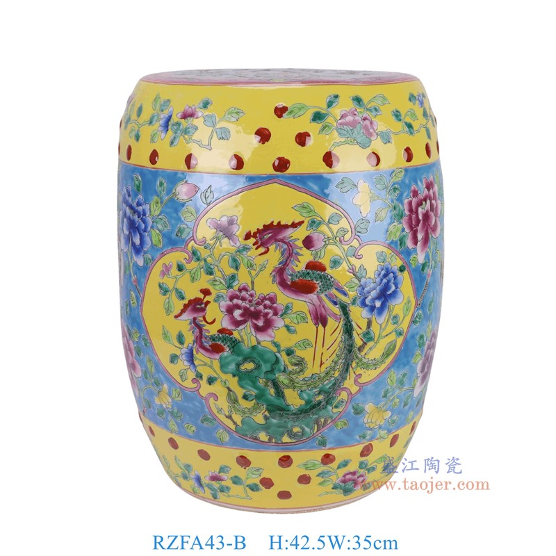 RZFA43-B 粉彩蓝底开窗凤凰牡丹纹娘惹瓷鼓凳凉墩 