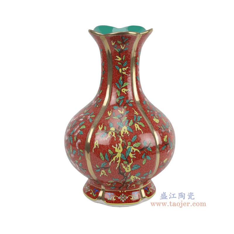 RYRJ47-A 珐琅彩红底花叶纹花口赏瓶 