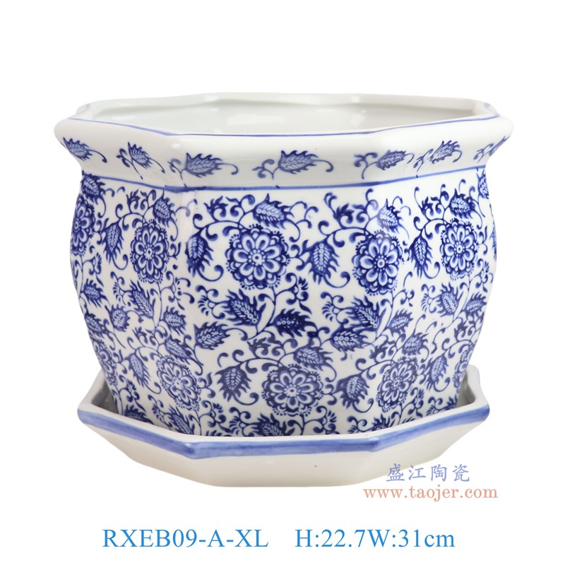 RXEB09-A-XL青花花叶纹八角花盆带托盘加大号