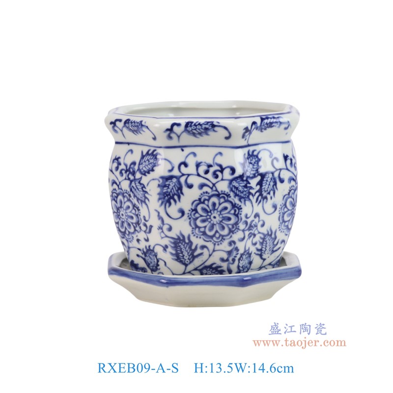 RXEB09-A-S青花花叶纹八角花盆带托盘小号