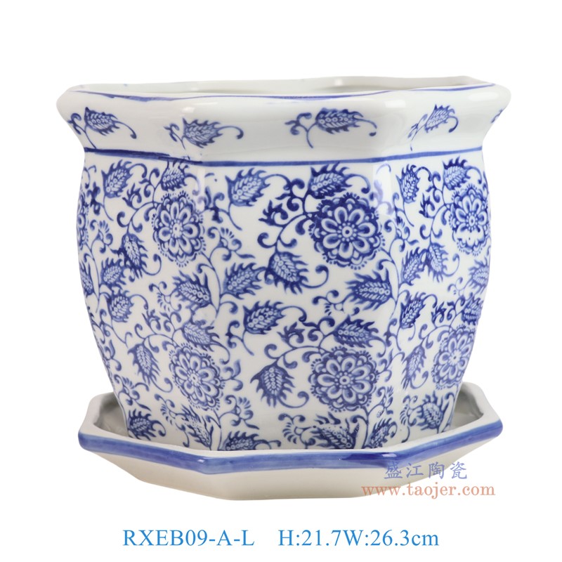 RXEB09-A-L青花花叶纹八角花盆带托盘大号