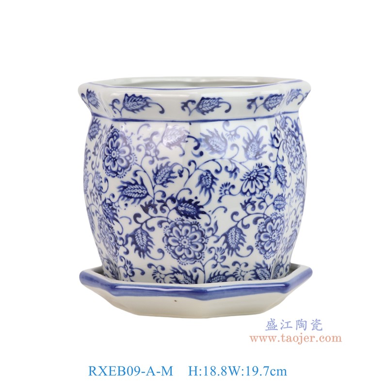 RXEB09-A-M青花花叶纹八角花盆带托盘中号