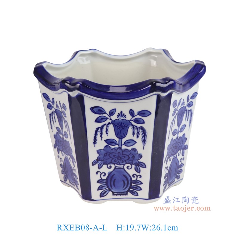 RXEB08-A-L青花花叶纹六角花盆大号
