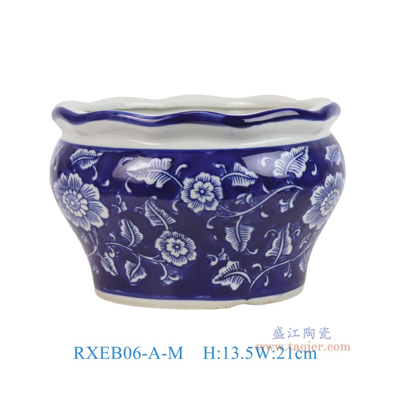 RXEB06-A-M青花蓝底牡丹荷口花盆中号