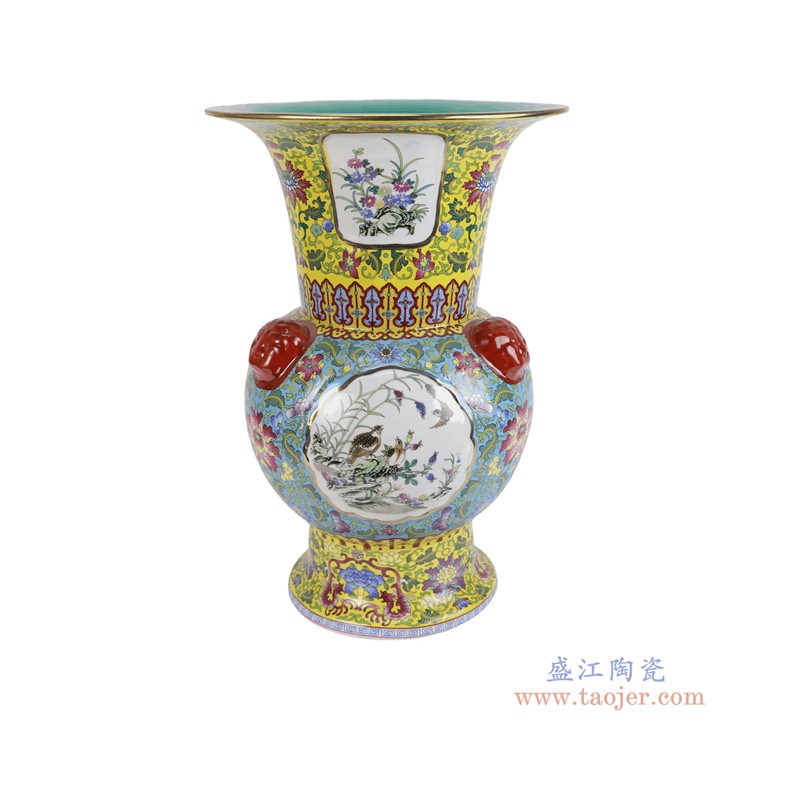 RYRJ46-A 珐琅彩黄绿底开窗花鸟花觚瓶