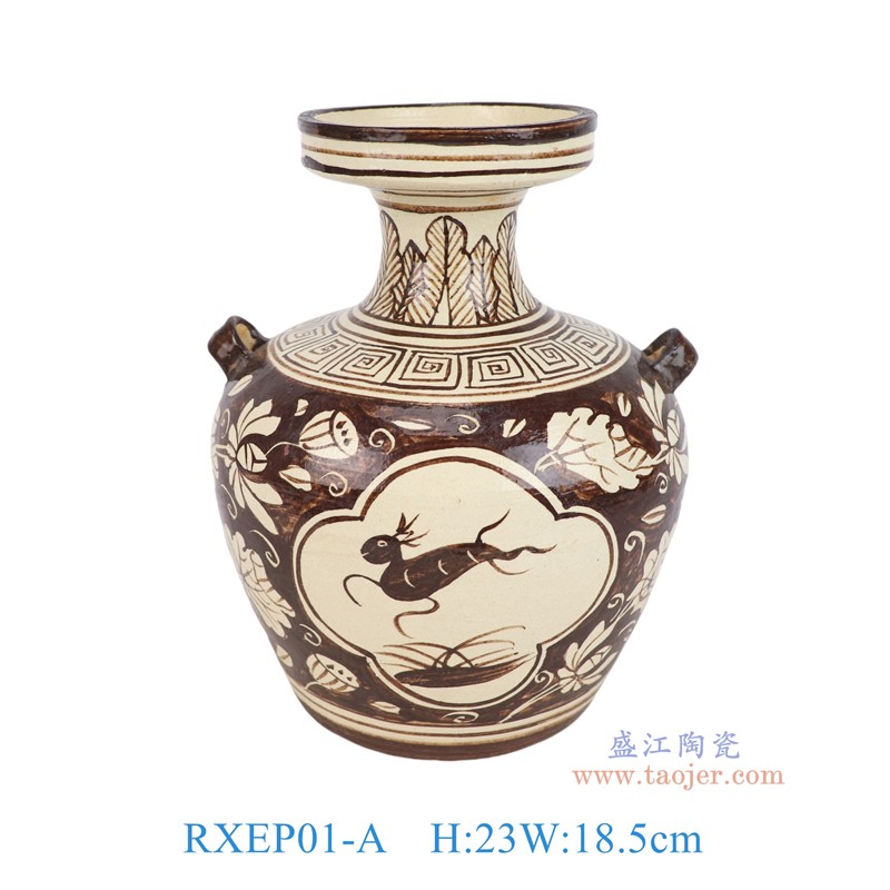 RXEP01-A 仿宋吉州窑荷花开窗鹿纹双耳罐瓶 