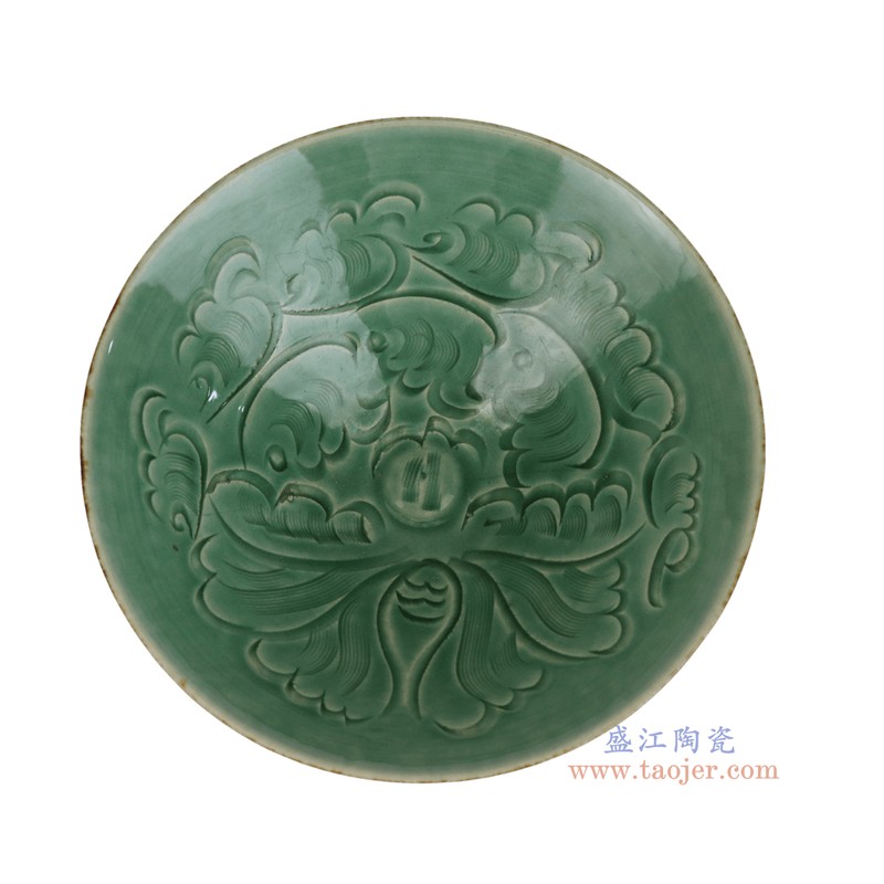 RXEO04-C 绿色雕刻花叶纹斗笠碗 