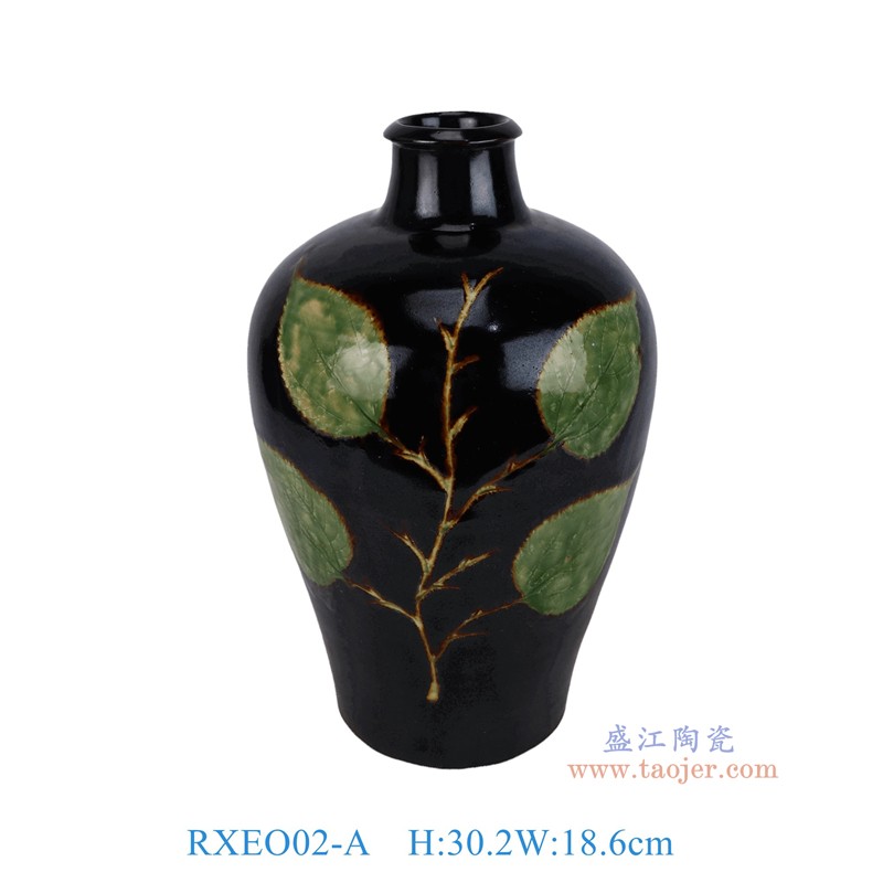RXEO02-A黑底绿色树叶纹梅瓶