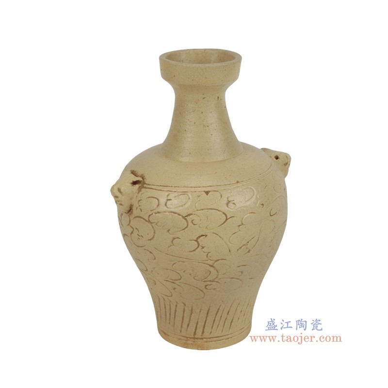 RXEN06-A  仿宋灰青釉雕刻花卉纹兽首瓶 