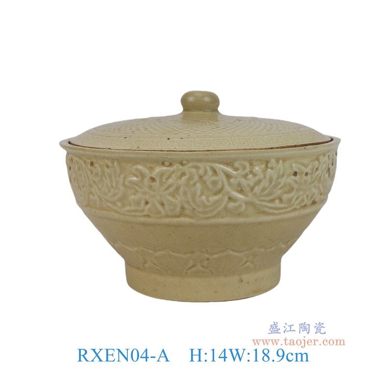 RXEN04-A 仿宋灰青釉雕刻缠枝莲盖碗盖罐 
