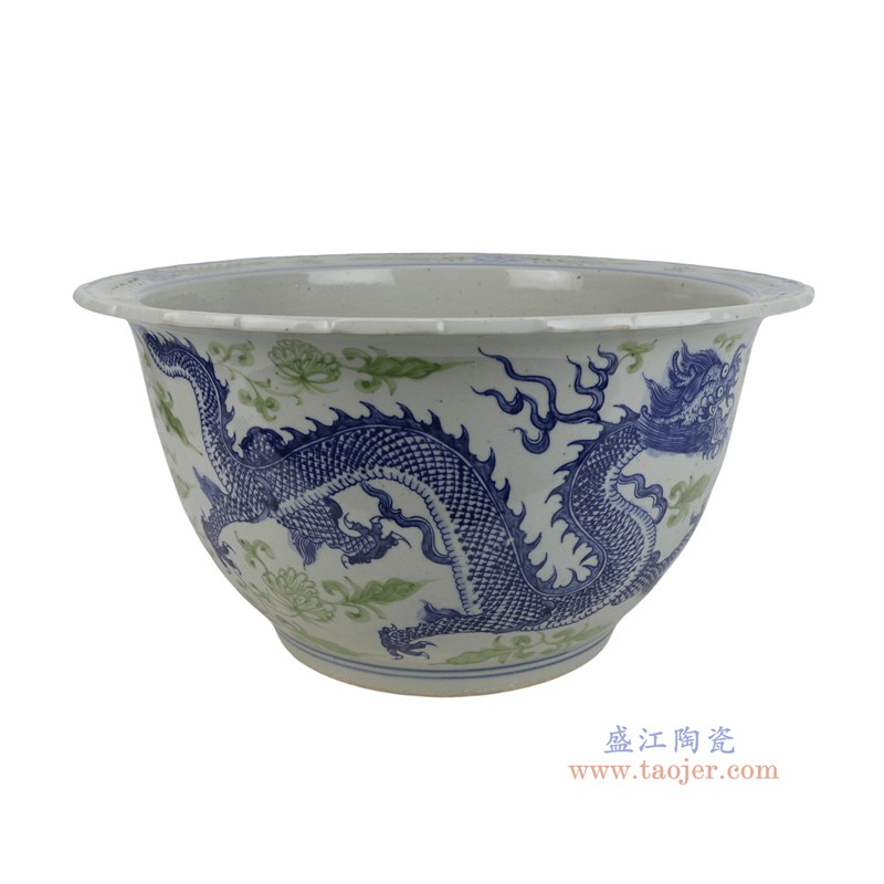 RXCG13-A 青花龙纹绿色牡丹葵口大缸大碗 