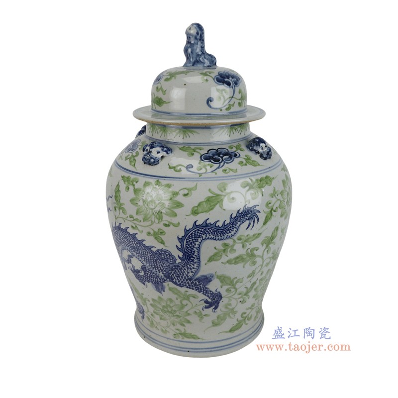 RXCG08-D   青花龙纹绿色牡丹狮子头将军罐子
