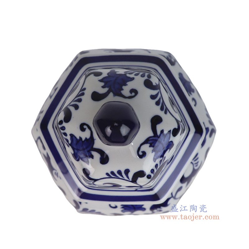 RXEM11-C-M  青花花叶纹六方将军罐中号