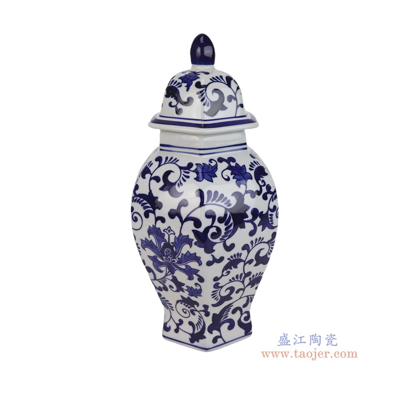 RXEM11-C-M  青花花叶纹六方将军罐中号