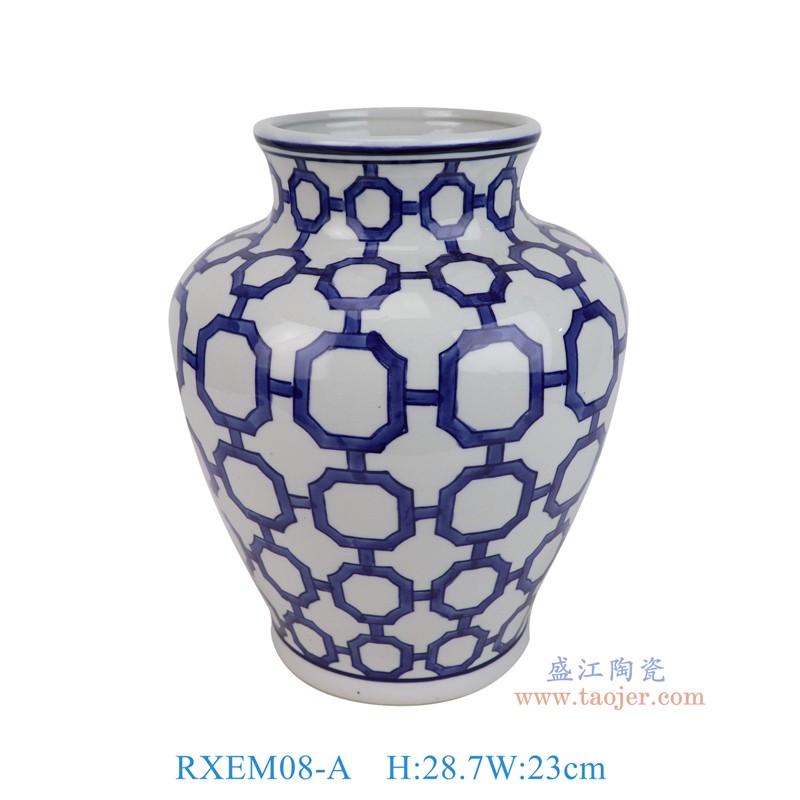 RXEM08-A 青花几何球格纹大肚罗汉瓶