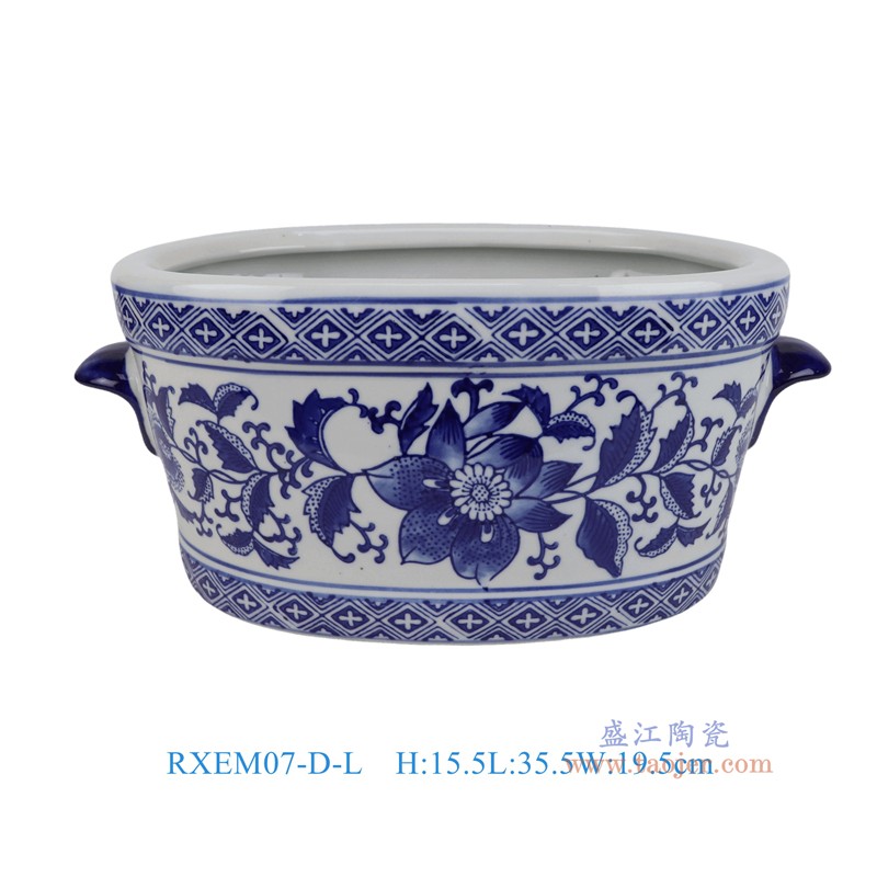 RXEM07-D-L青花花叶纹椭圆双耳花盆大号