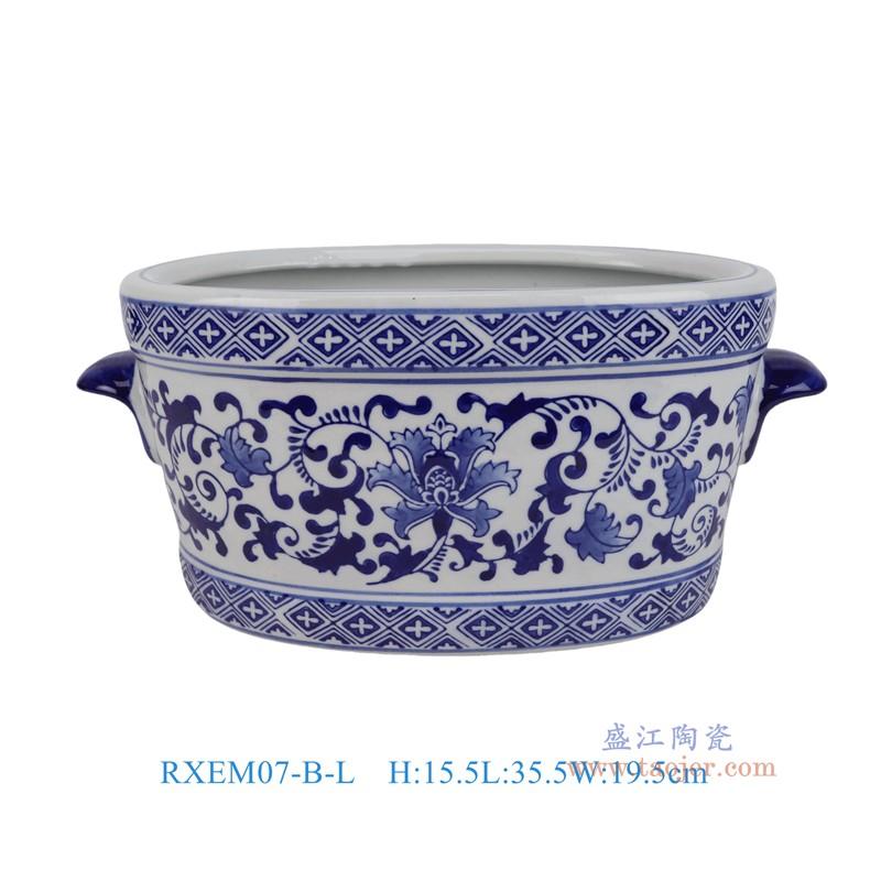 RXEM07-B-L青花勾莲椭圆双耳花盆大号