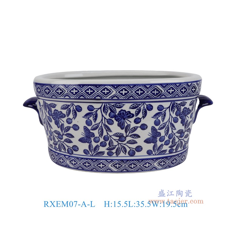 RXEM07-A-L青花花果蝴蝶纹椭圆双耳花盆大号