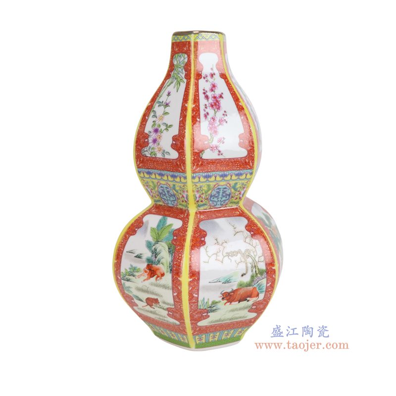 RYRJ43-A   珐琅彩红底开窗动物走兽六口葫芦瓶