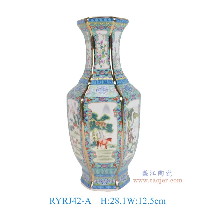 RYRJ42-A   珐琅彩蓝底开窗动物走兽六方瓶